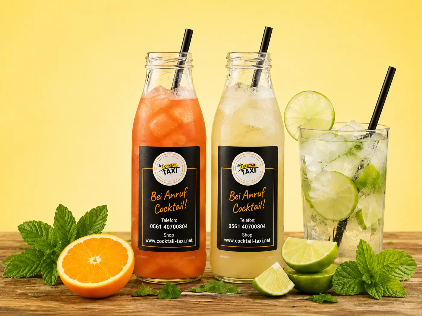 Zwei Cocktail-Taxi-Flaschen mit Eis, Früchten und Minze