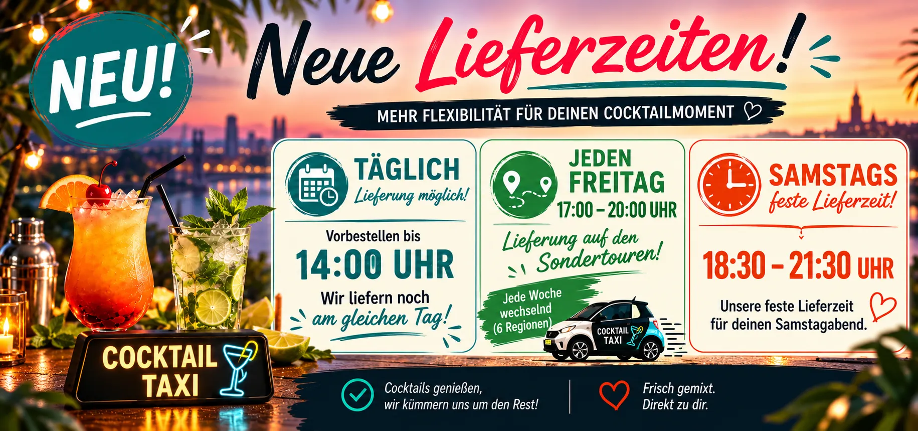 Neue Cocktail-Taxi-Lieferzeiten